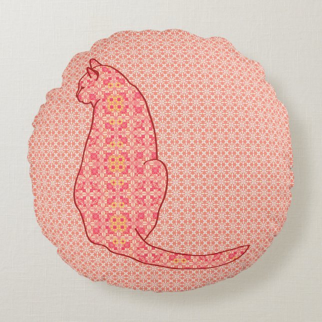Japanese Cat - Coral Orange Batik Round Cushion (Front)