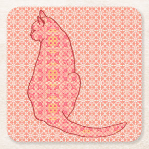 Japanese Cat - Coral Orange Batik Square Paper Coaster