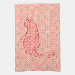 Japanese Cat - Coral Orange Batik Tea Towel
