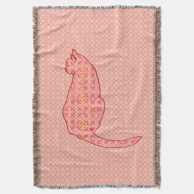 Japanese Cat - Coral Orange Batik Throw Blanket (Front Vertical)