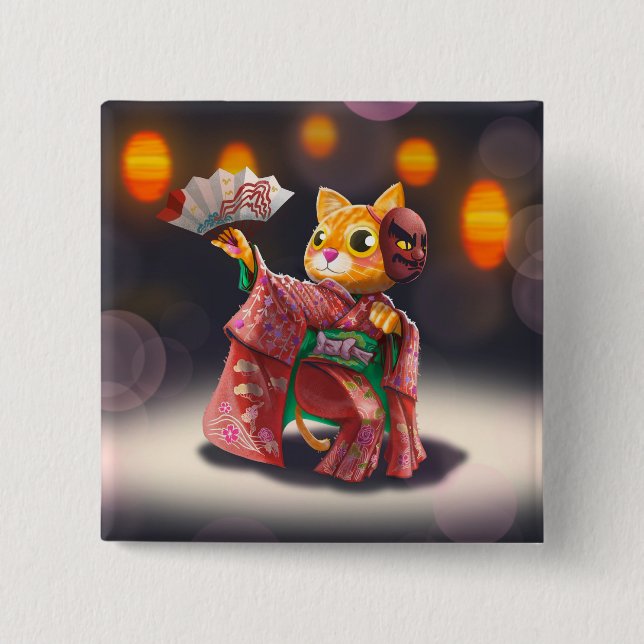 Japanese cat dancer in traditional costume  15 cm square badge (Front)