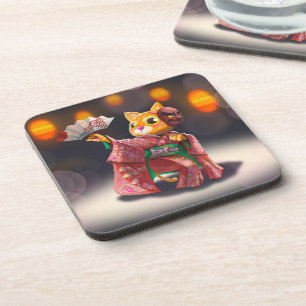 Japanese cat dancer in traditional costume coaster