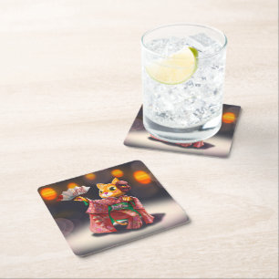 Japanese cat dancer in traditional costume square paper coaster