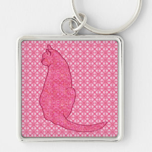 Japanese Cat - Fuchsia Pink Batik Key Ring