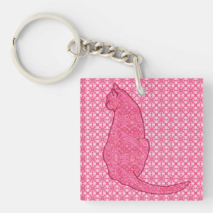 Japanese Cat - Fuchsia Pink Batik Key Ring
