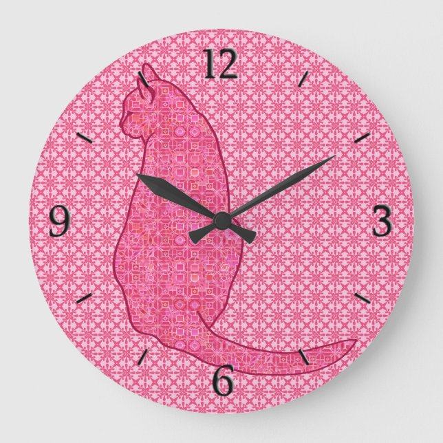 Japanese Cat - Fuchsia Pink Batik Large Clock (Front)