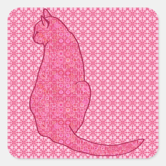 Japanese Cat - Fuchsia Pink Batik Square Sticker (Front)