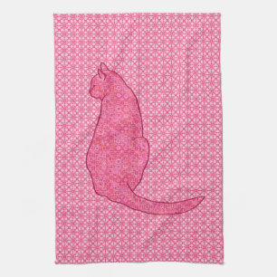 Japanese Cat - Fuchsia Pink Batik Tea Towel