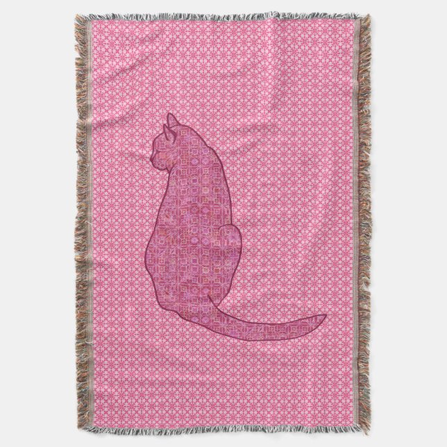 Japanese Cat - Fuchsia Pink Batik Throw Blanket (Front Vertical)