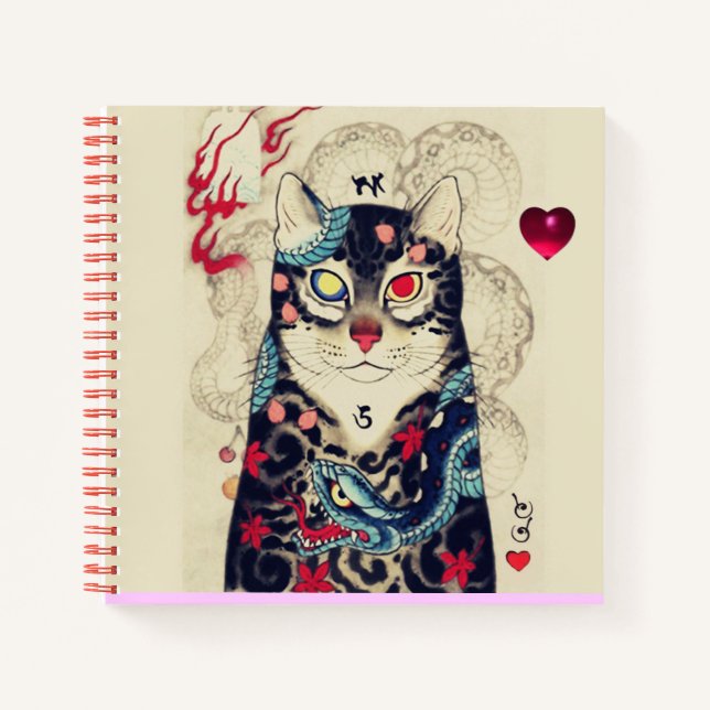 JAPANESE CAT IN SNAKE TATTOO ,Red Heart Notebook (Front)