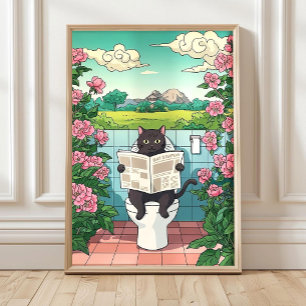 Japanese Cat on Toilet Print, Funny Bathroom Print