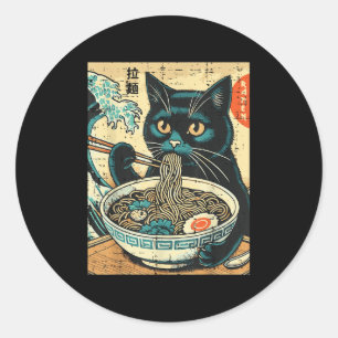 Japanese Cat Ramen Great Wave Vintage Art Food Men Classic Round Sticker