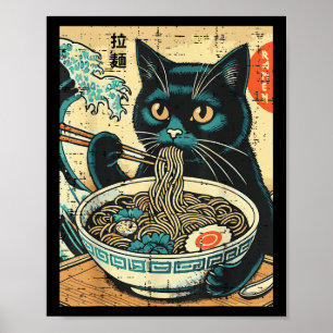Japanese Cat Ramen Great Wave Vintage Art Food Men Poster
