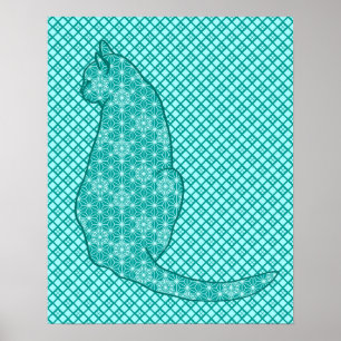 Japanese Cat - Turquoise and Aqua Poster