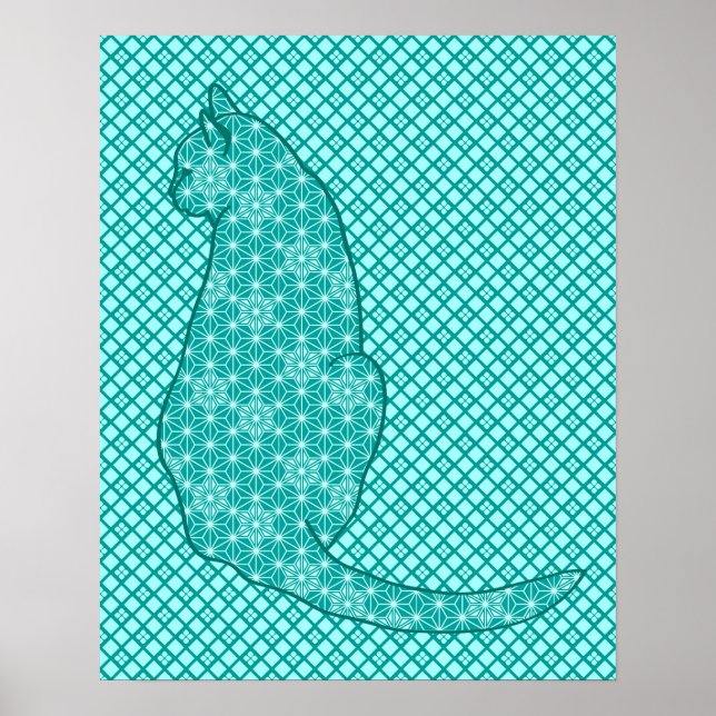 Japanese Cat - Turquoise and Aqua Poster (Front)