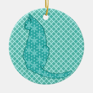 Japanese Cat - Turquoise Kimono Print Ceramic Tree Decoration