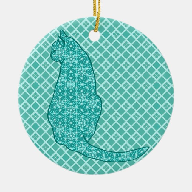 Japanese Cat - Turquoise Kimono Print Ceramic Tree Decoration (Front)
