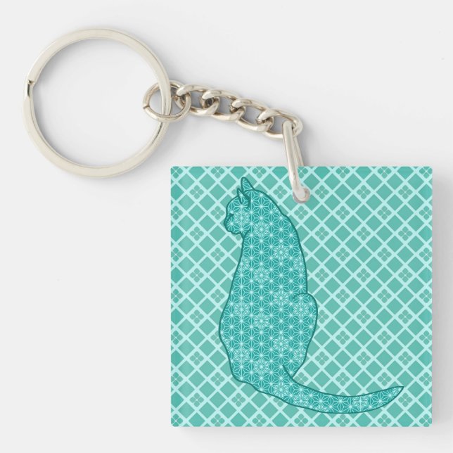 Japanese Cat - Turquoise Kimono Print Key Ring (Front)