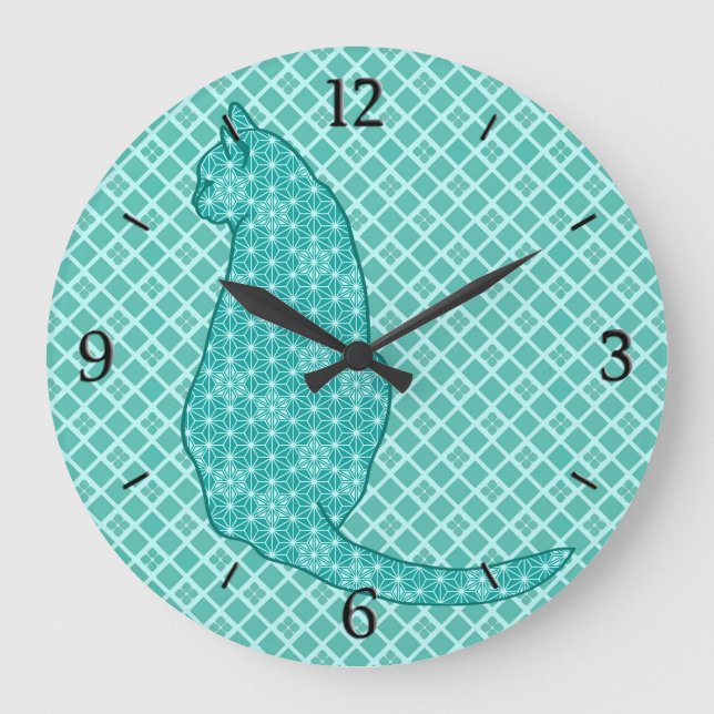 Japanese Cat - Turquoise Kimono Print Large Clock (Front)