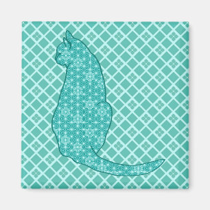 Japanese Cat - Turquoise Kimono Print Magnet