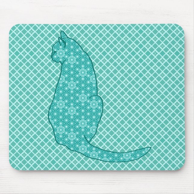 Japanese Cat - Turquoise Kimono Print Mouse Pad (Front)