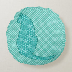Japanese Cat - Turquoise Kimono Print Round Cushion