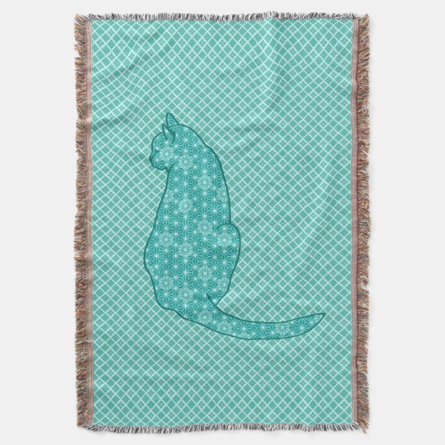Japanese Cat - Turquoise Kimono Print Throw Blanket (Front Vertical)