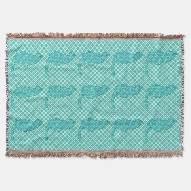 Japanese Cat - Turquoise Kimono Print Throw Blanket (Front)
