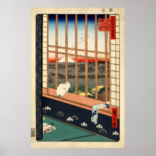 Japanese Cat Ukiyo-e Poster Asakusa Ricefields