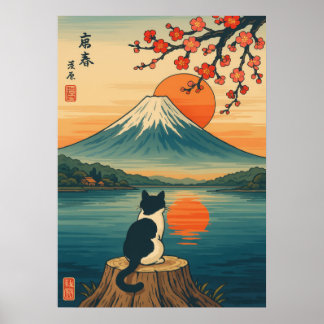Japanese Cat Watching Mount Fuji Sunset  Poster