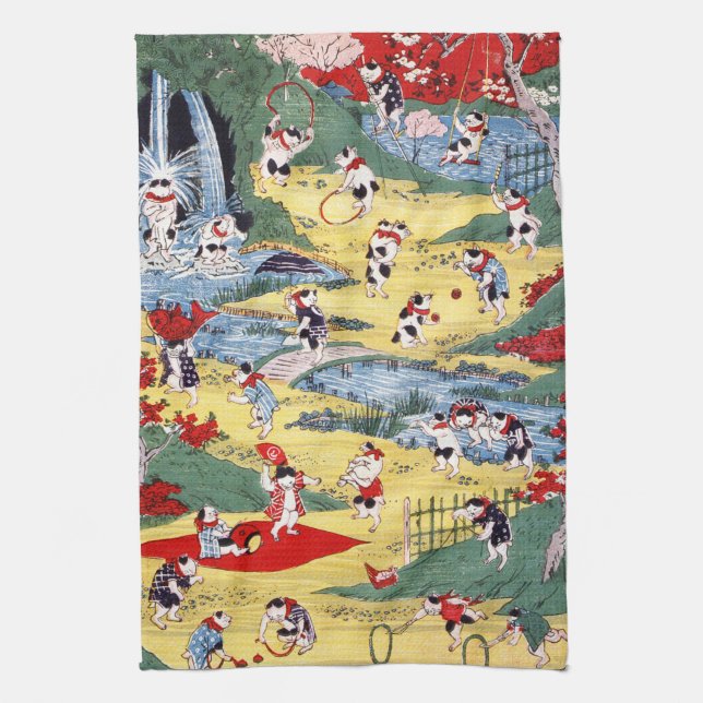 Japanese Cats Country, Utagawa Kunitoshi Tea Towel (Vertical)