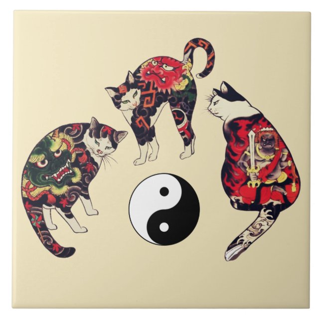 JAPANESE CATS ,DRAGON RED DEVIL TATTOOS,YIN YANG  TILE (Front)