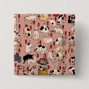 Japanese Cats Woodblock ukiyo-e Vintage Kitty  15 Cm Square Badge