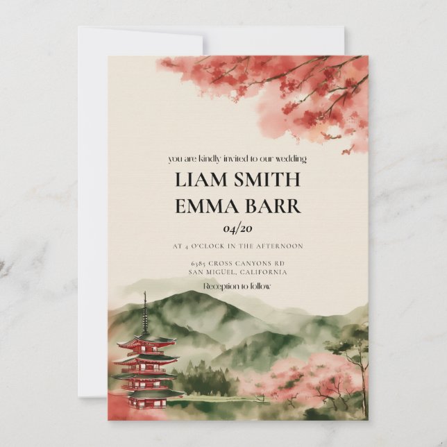 Japanese Cherry Blossom Asian Wedding Invitation (Front)