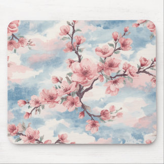 Japanese Cherry Blossom Blush Pink Blue Mouse Pad
