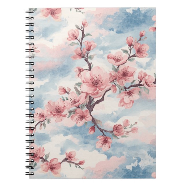 Japanese Cherry Blossom Blush Pink Blue Notebook (Front)
