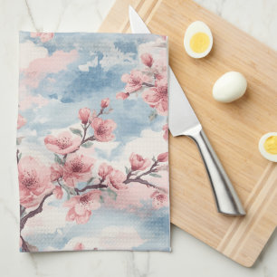 Japanese Cherry Blossom Blush Pink Blue Tea Towel