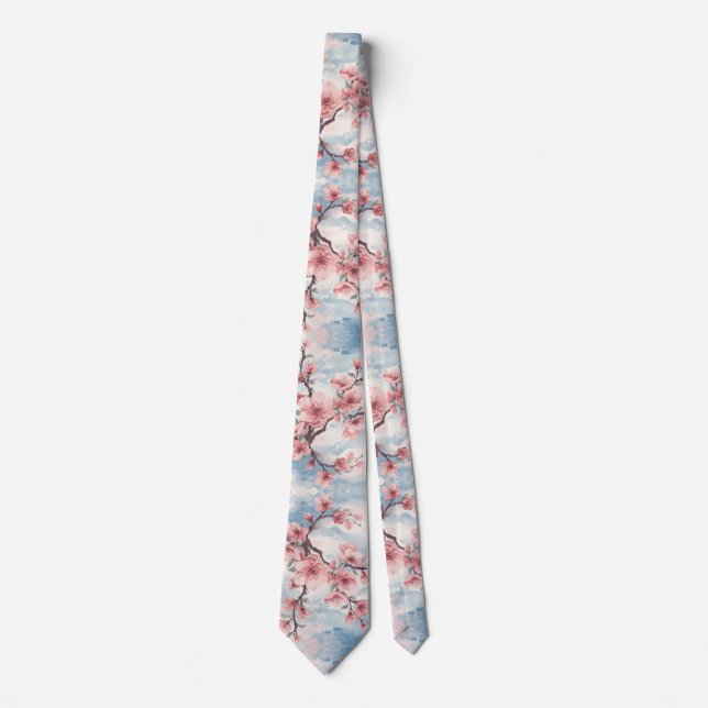 Japanese Cherry Blossom Blush Pink Blue Tie (Front)