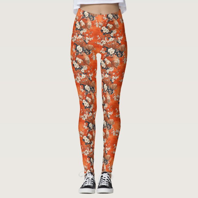 Japanese Cherry Blossom Fan Pattern (1) Leggings (Front)