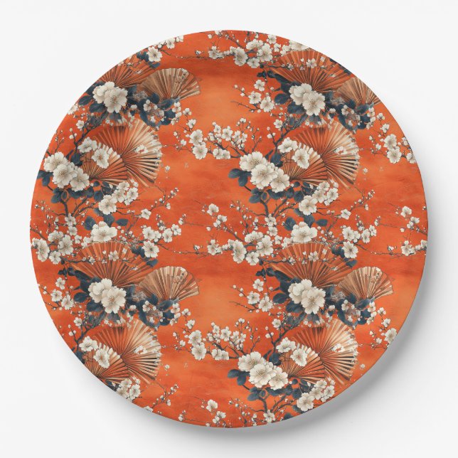 Japanese Cherry Blossom Fan Pattern (1) Paper Plate (Front)