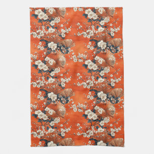Japanese Cherry Blossom Fan Pattern (1) Tea Towel