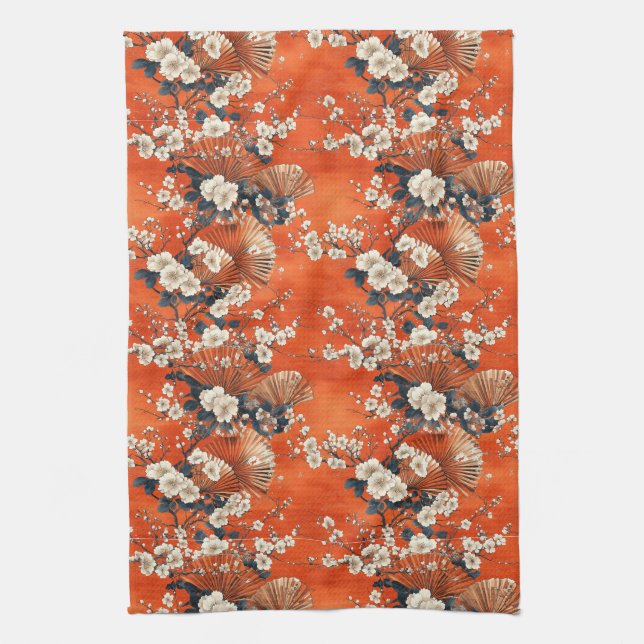 Japanese Cherry Blossom Fan Pattern (1) Tea Towel (Vertical)