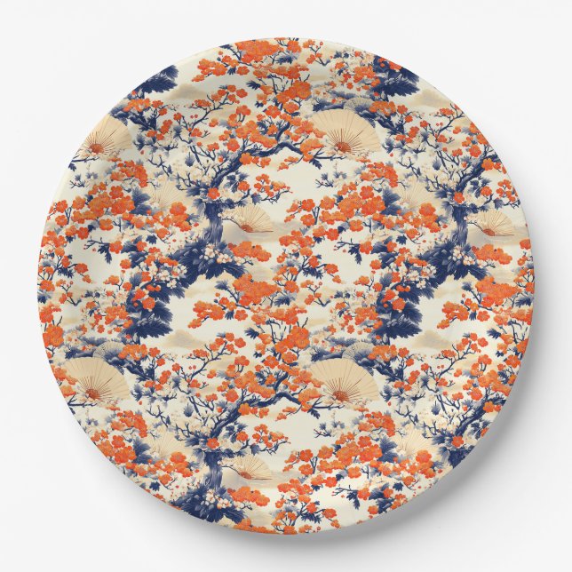 Japanese Cherry Blossom Fan Pattern (2) Paper Plate (Front)