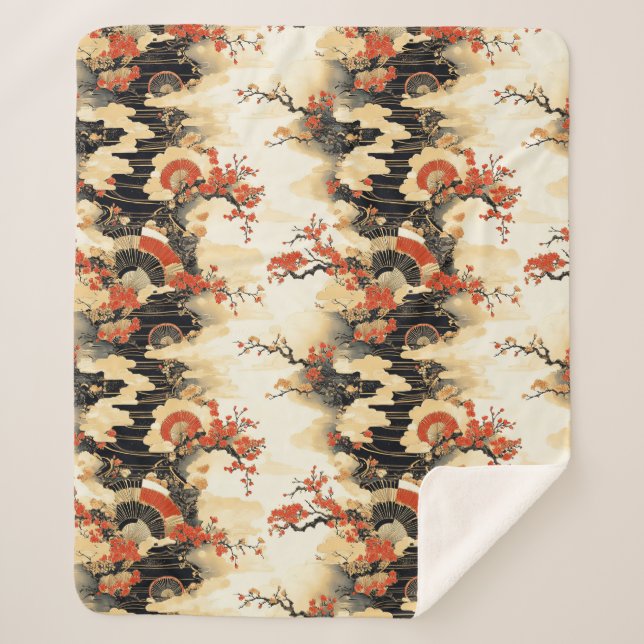 Japanese Cherry Blossom Fan Pattern (3) Sherpa Blanket (Front)