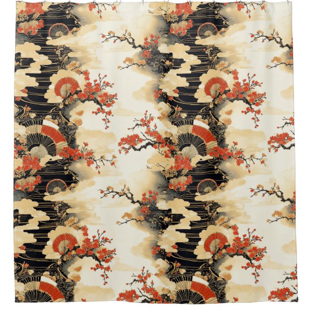 Japanese Cherry Blossom Fan Pattern (3) Shower Curtain (Front)