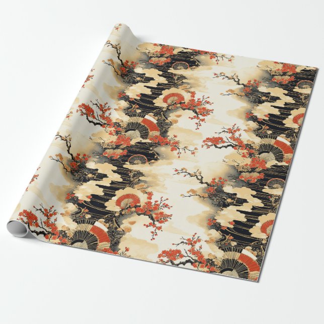Japanese Cherry Blossom Fan Pattern (3) Wrapping Paper (Unrolled)