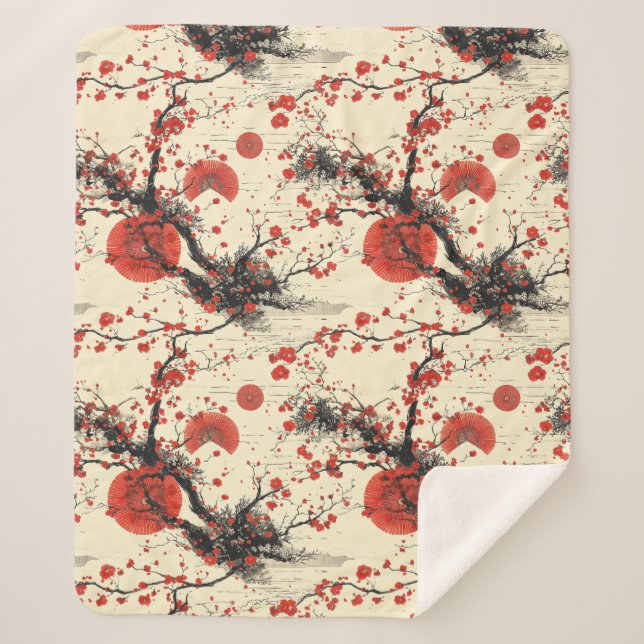 Japanese Cherry Blossom Fan Pattern (4) Sherpa Blanket (Front)