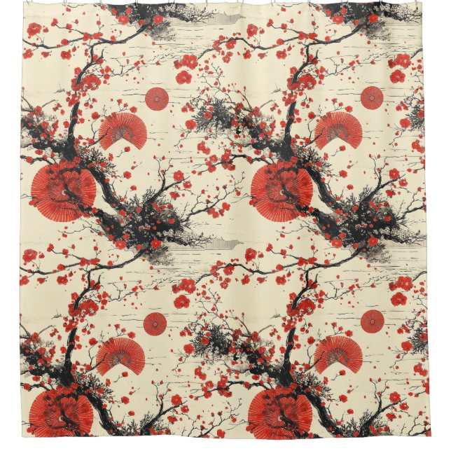 Japanese Cherry Blossom Fan Pattern (4) Shower Curtain (Front)