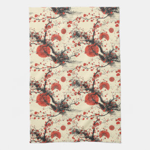 Japanese Cherry Blossom Fan Pattern (4) Tea Towel