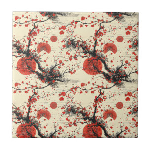 Japanese Cherry Blossom Fan Pattern (4) Tile